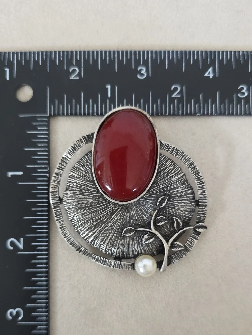 Gunmetal Silver Modern Brooch Pin With  Burgundy faux Stone And Pearl Accent